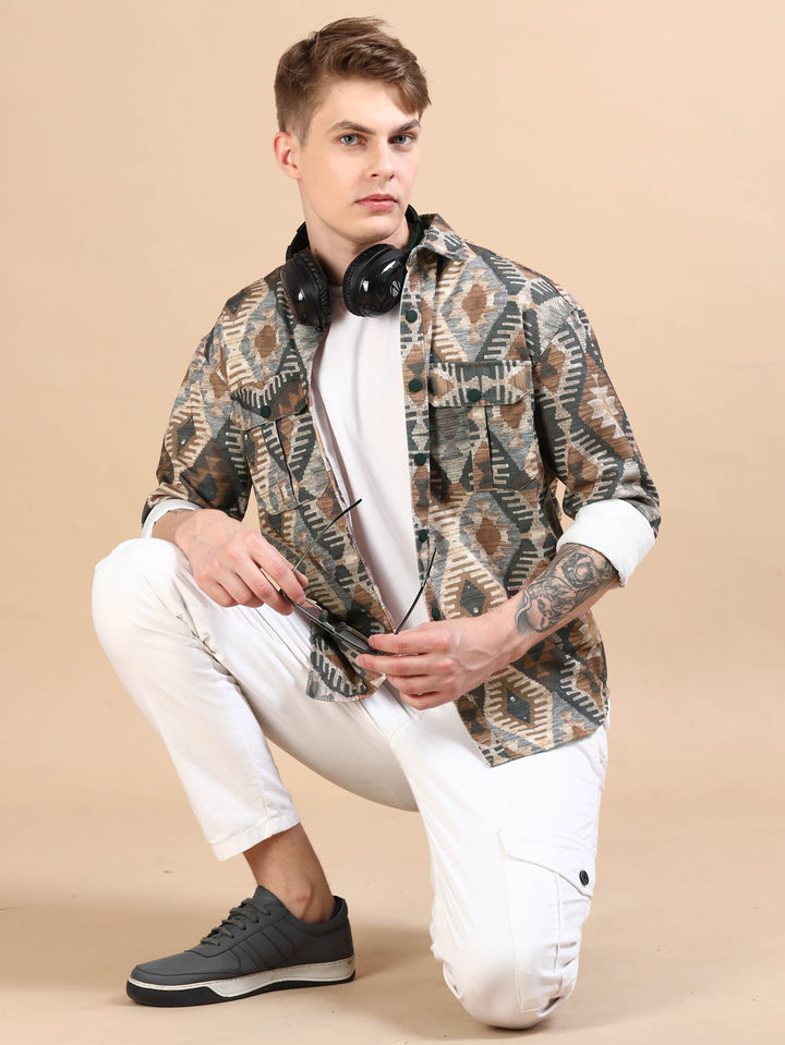 Ash Brown Oversized Printed Shackets Shackets Bushirt   