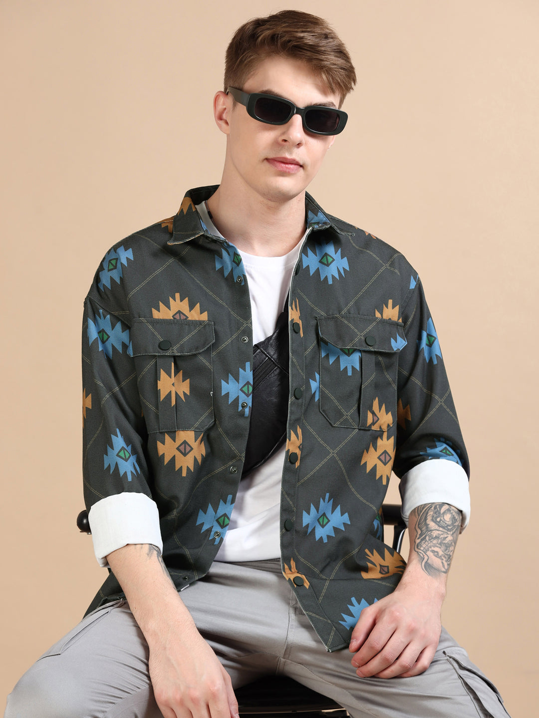 Blue Oversized Printed Shackets Shackets Bushirt   