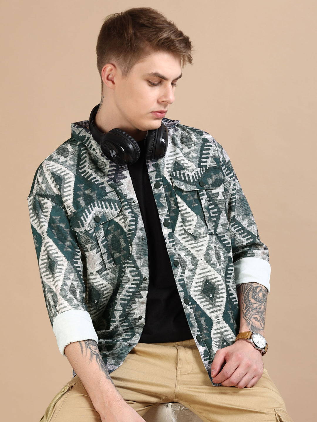 Dark Green Oversized Printed Shackets Shackets Bushirt   