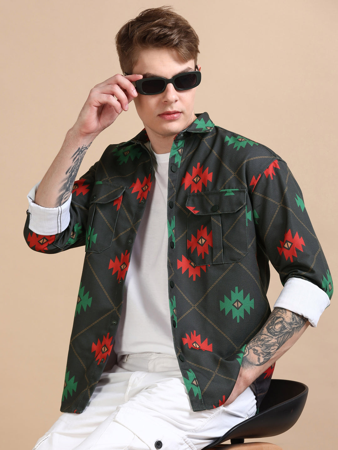 Green Oversized Printed Shackets Shackets Bushirt   
