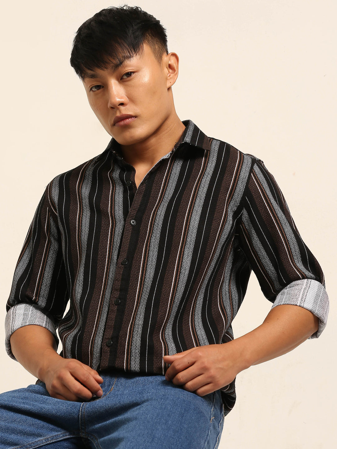 Black Regular Fit Striped Shirt Stripes Shirt Bushirt