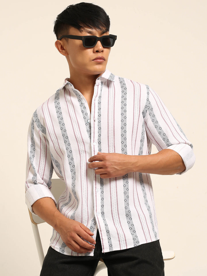 White Regular Fit Striped Shirt Stripes Shirt Bushirt