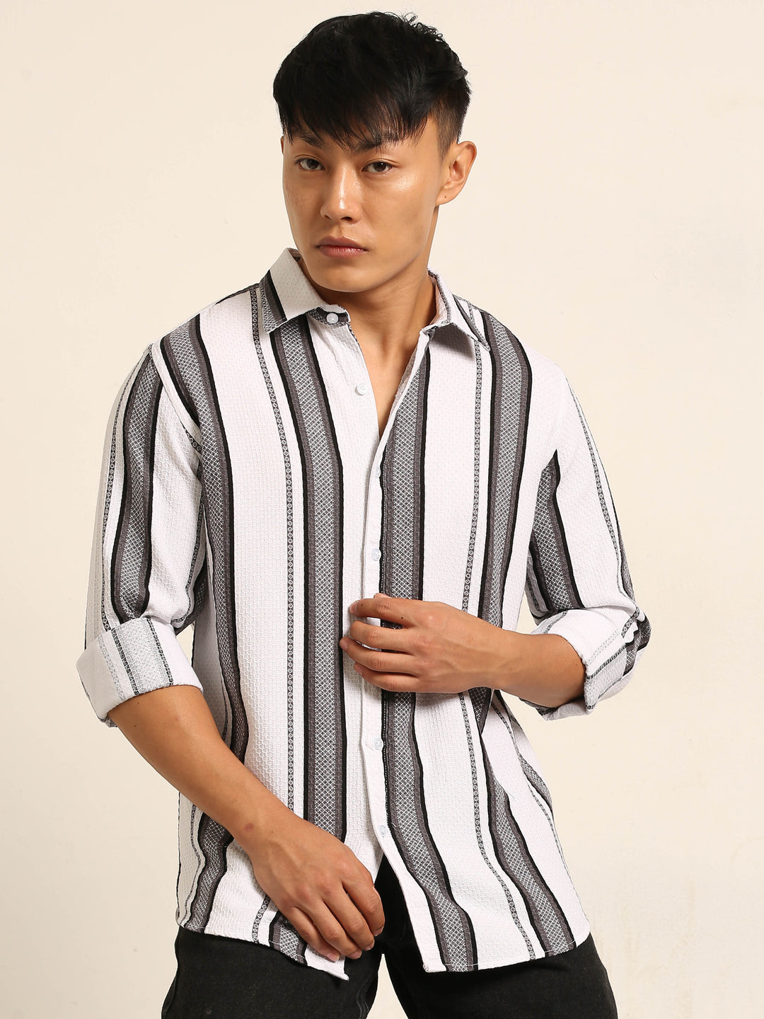 White Regular Fit Striped Shirt Stripes Shirt Bushirt