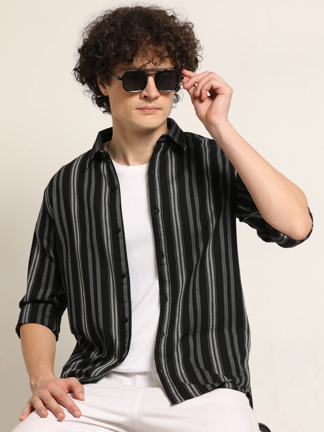 Black Regular Fit Striped Shirt Stripes Shirt Bushirt