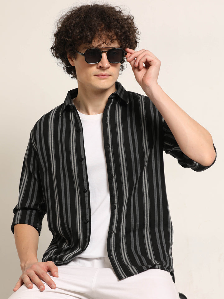 Black Regular Fit Striped Shirt Stripes Shirt Bushirt