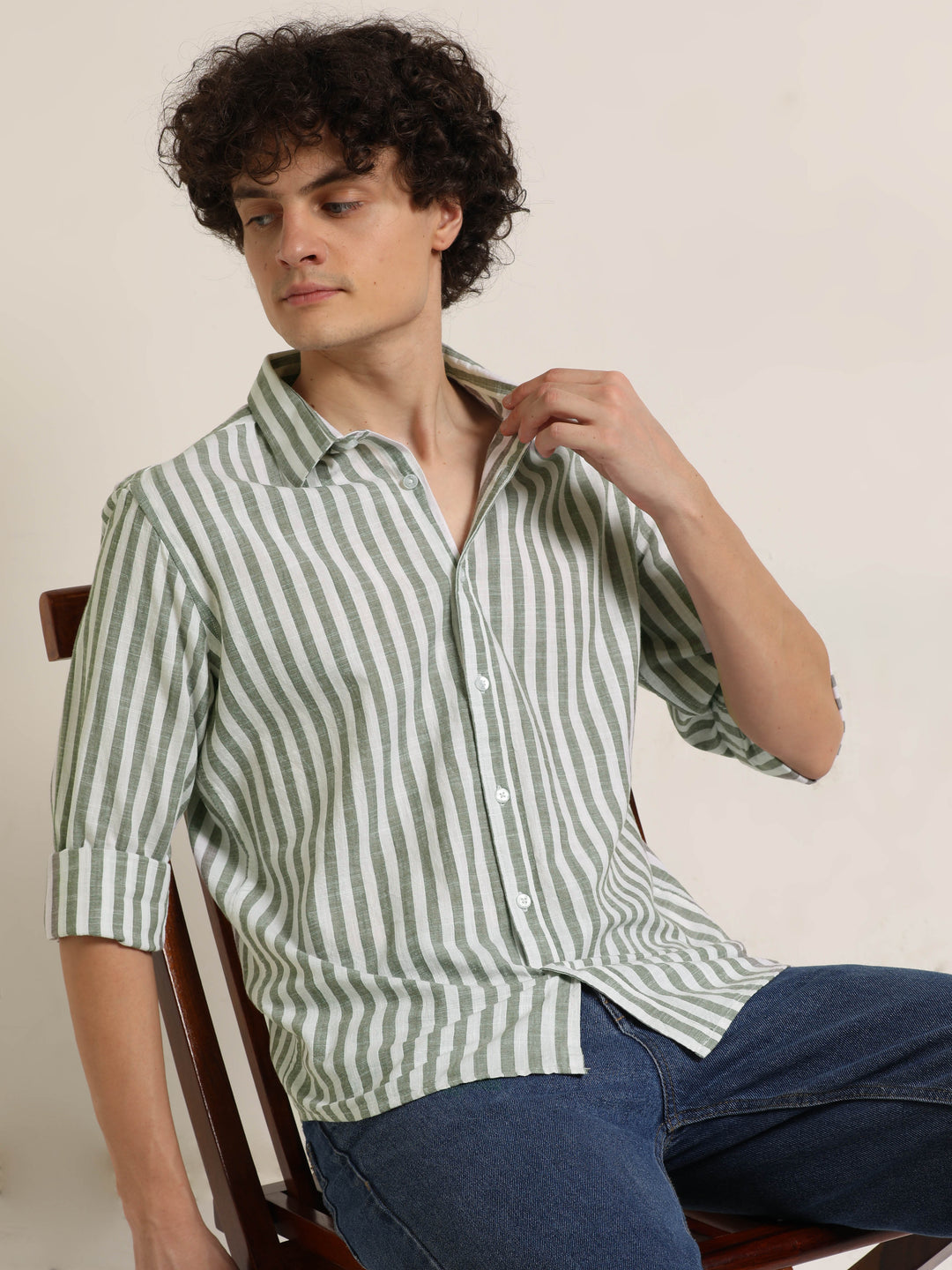Light Green Regular Fit Striped Shirt Stripes Shirt Bushirt