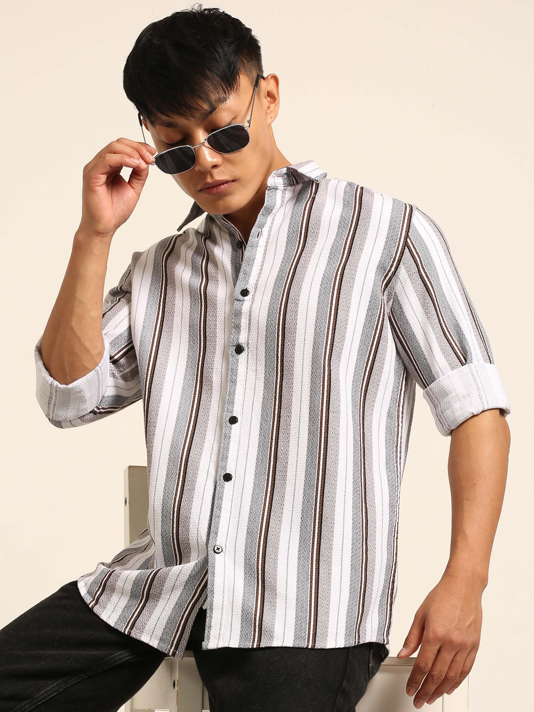 White Regular Fit Striped Shirt Stripes Shirt Bushirt