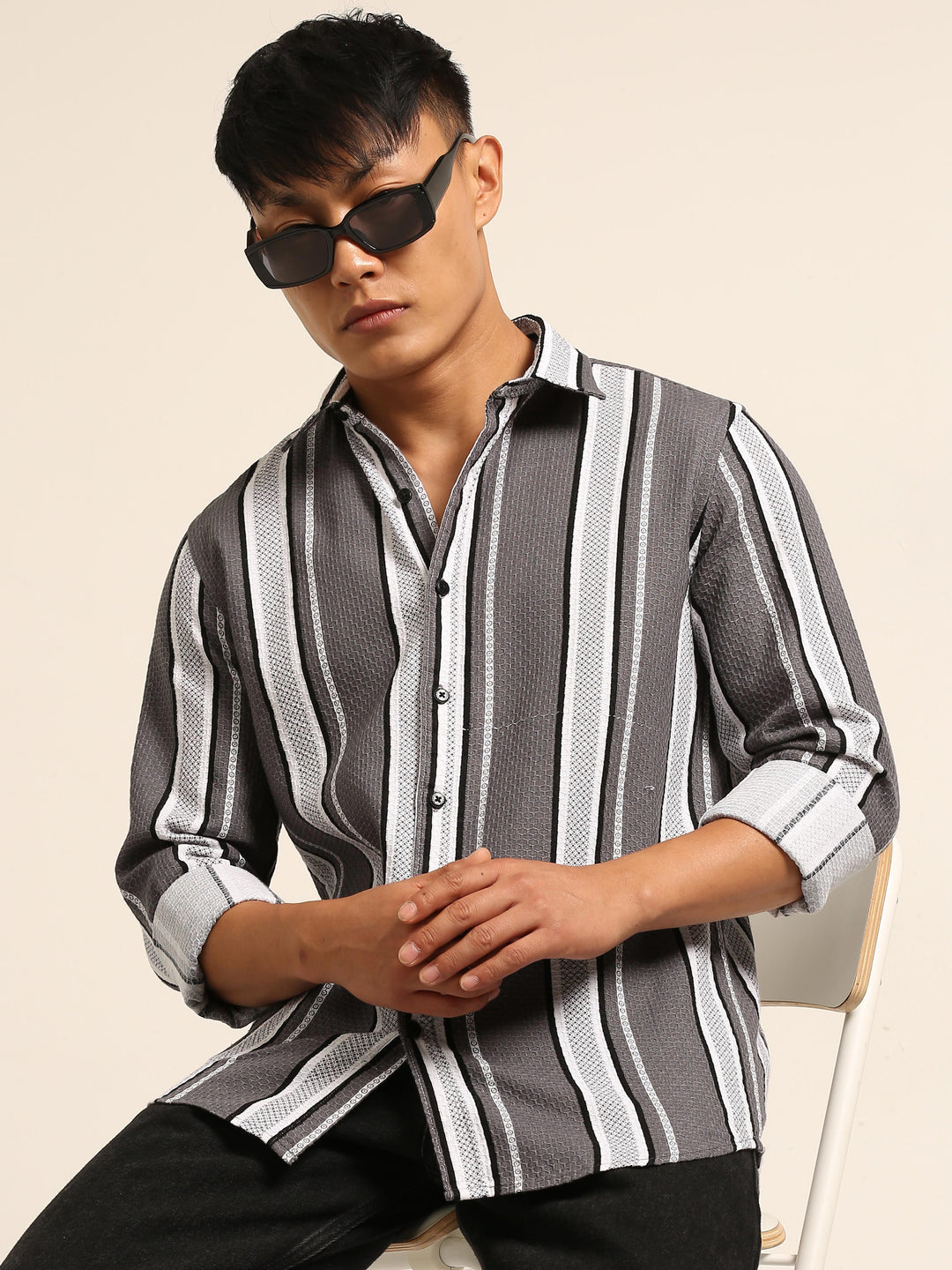Smoke Grey Regular Fit Striped Shirt Stripes Shirt Bushirt
