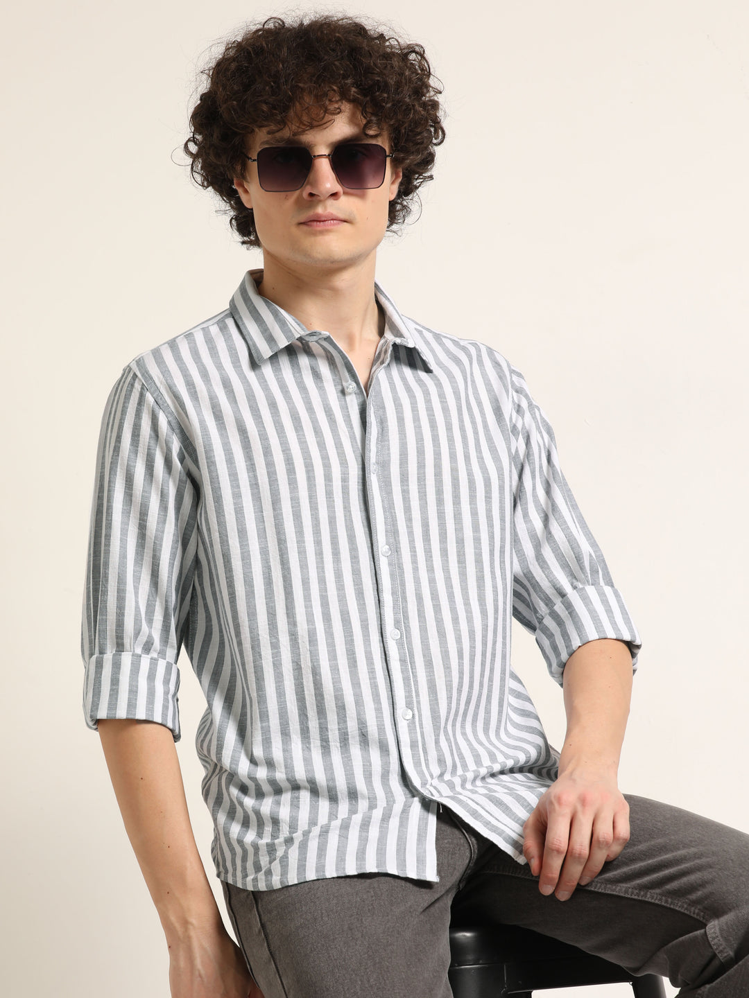 Light Grey Regular Fit Striped Shirt Stripes Shirt Bushirt