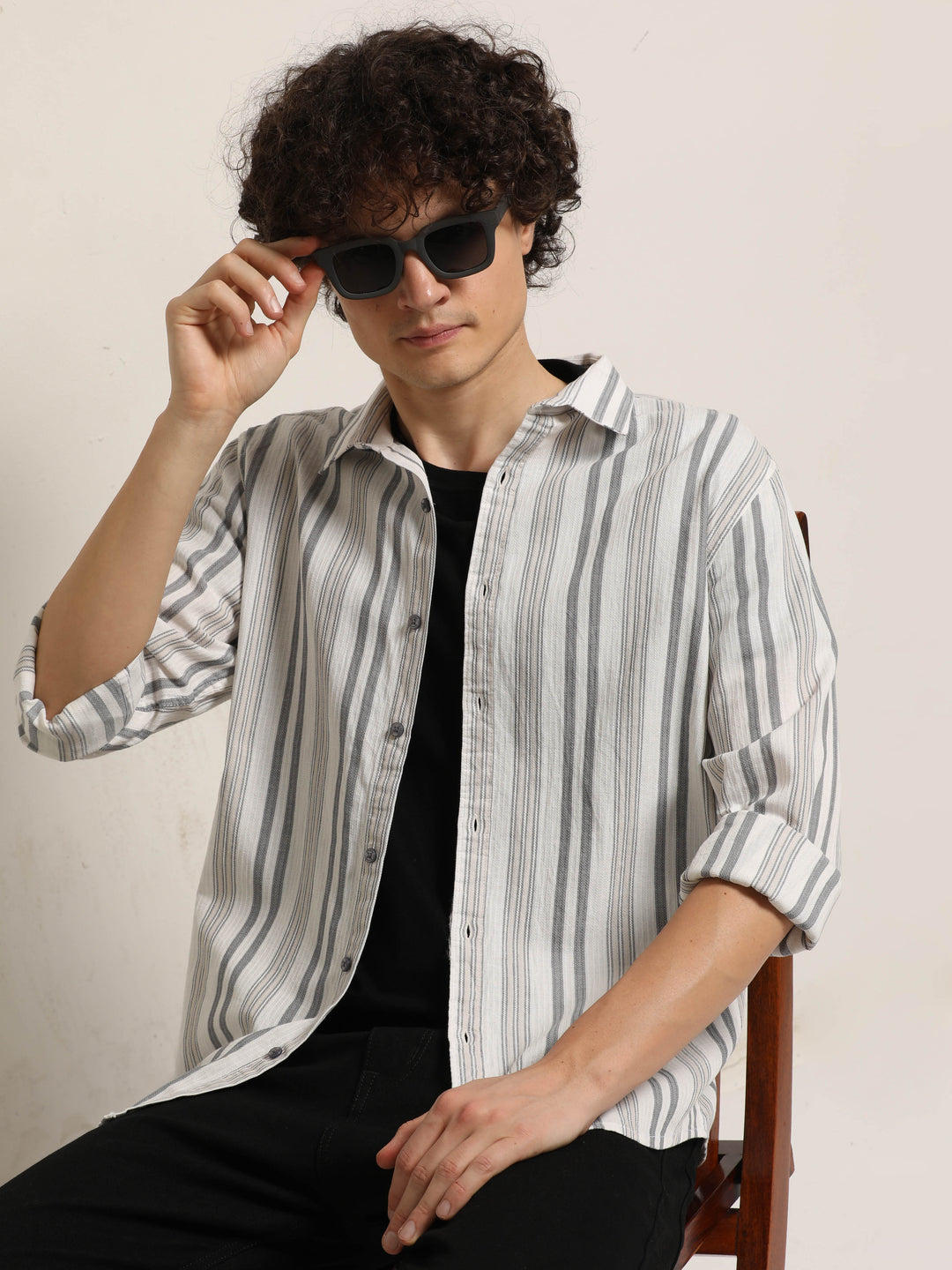 White Regular Fit Striped Shirt Info Stripes Shirt Bushirt
