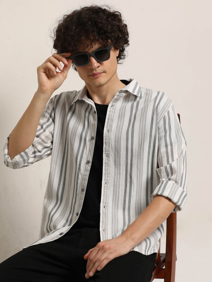White Regular Fit Striped Shirt Info Stripes Shirt Bushirt