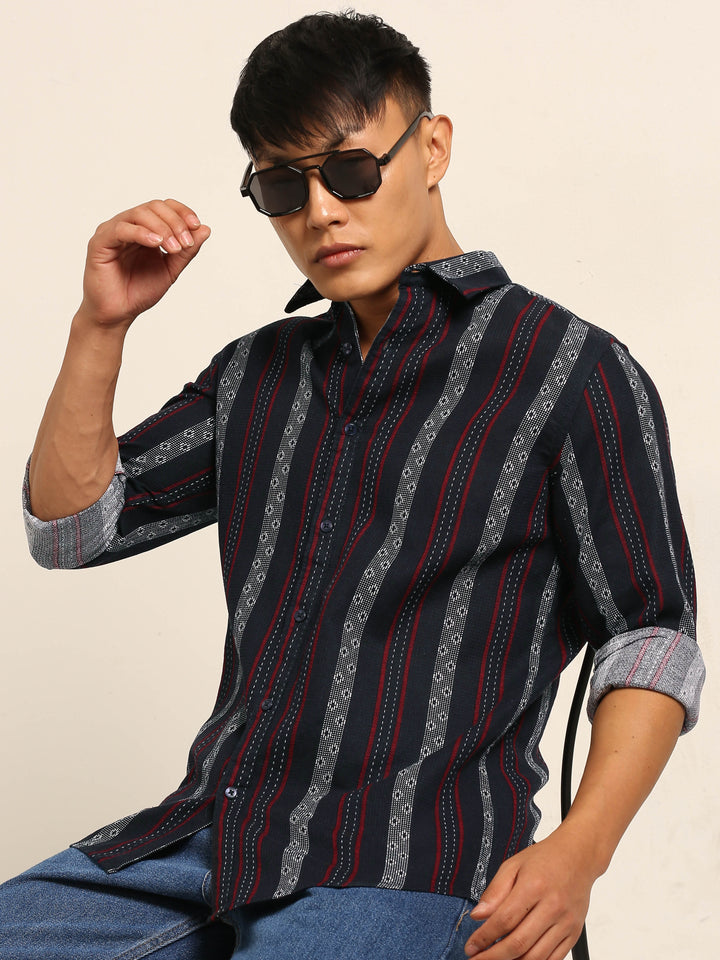Dark Blue Regular Fit Striped Shirt Stripes Shirt Bushirt
