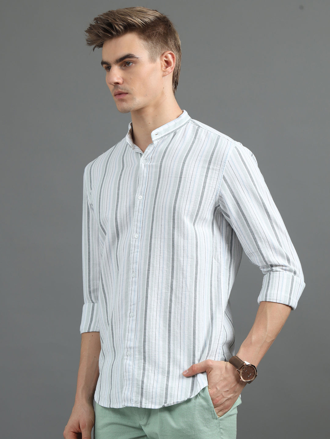 Green Chinese Collar Strips Shirt Stripes Shirt Bushirt   