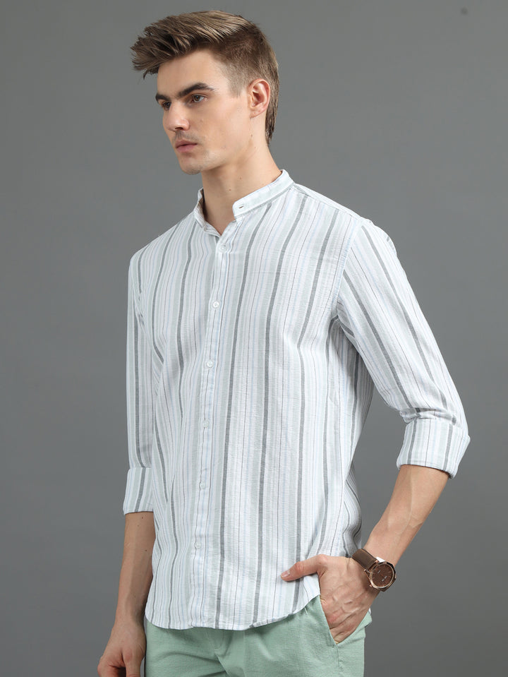 Green Chinese Collar Strips Shirt Stripes Shirt Bushirt   