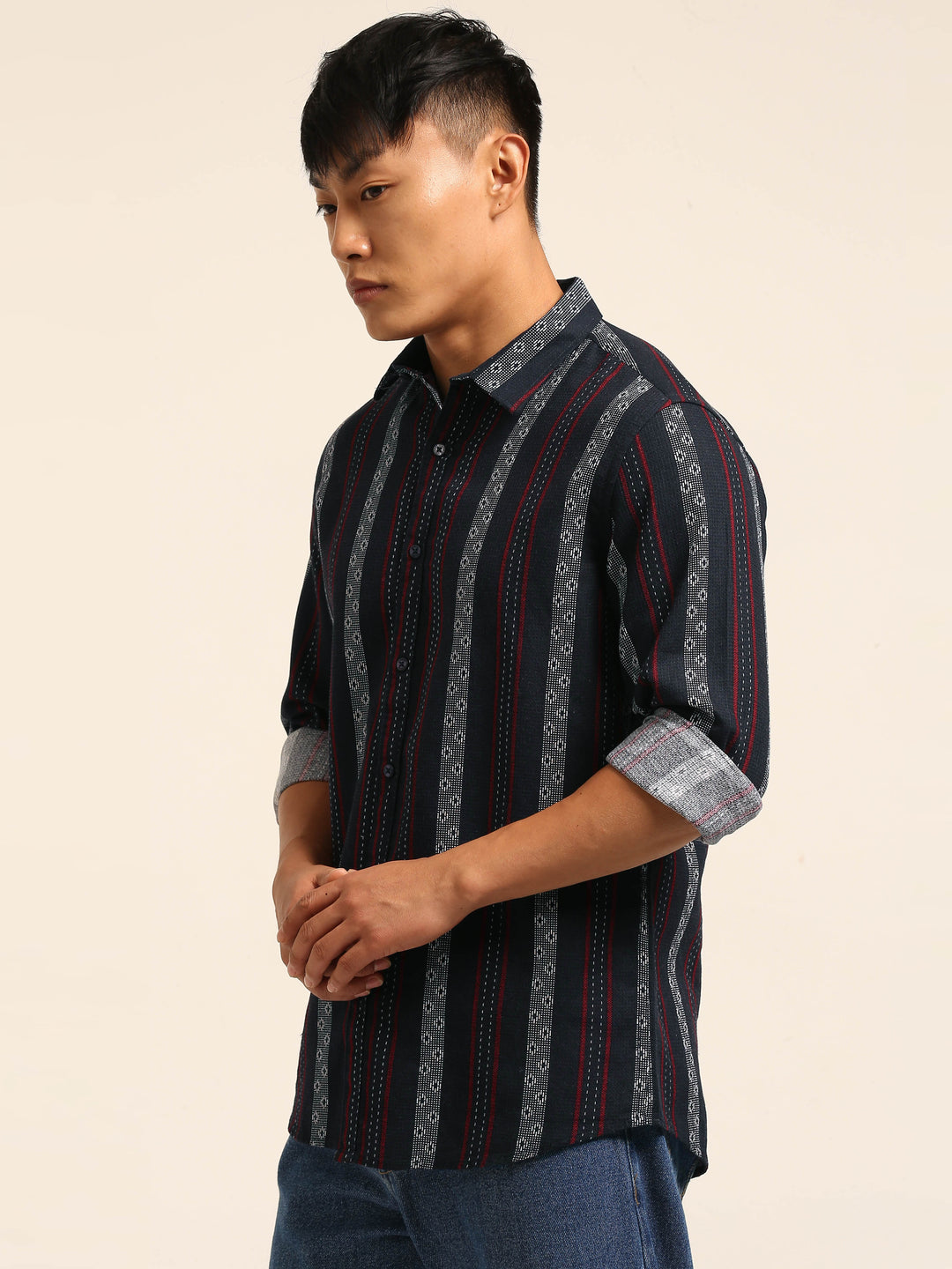 Dark Blue Regular Fit Striped Shirt Stripes Shirt Bushirt