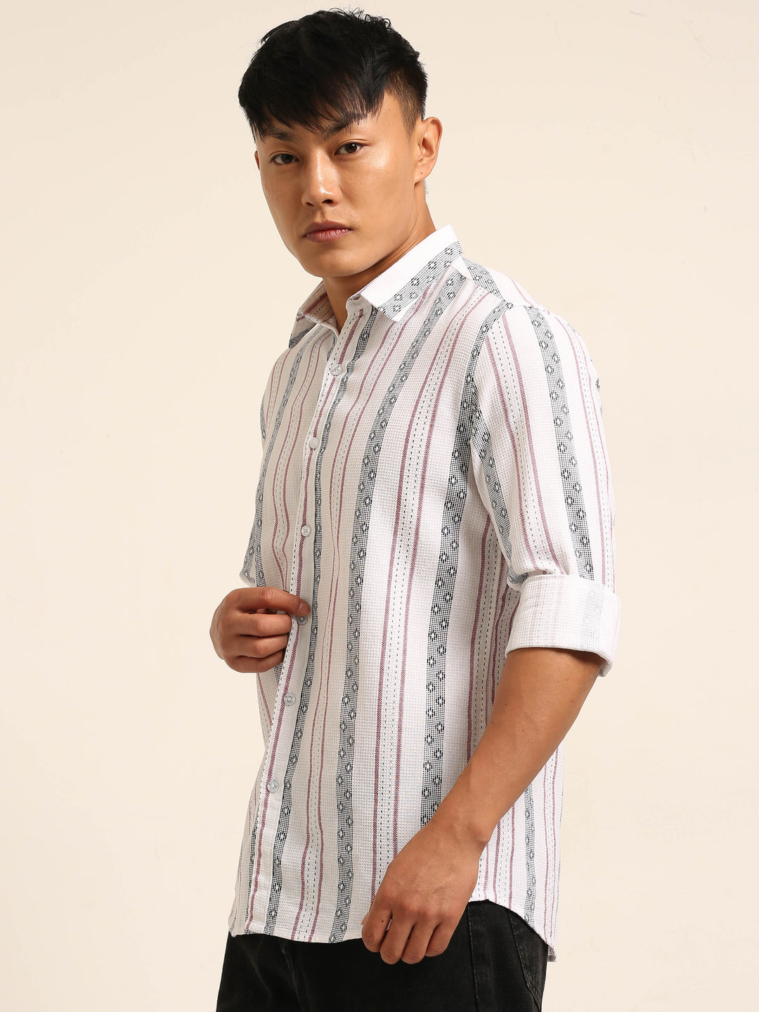 White Regular Fit Striped Shirt Stripes Shirt Bushirt