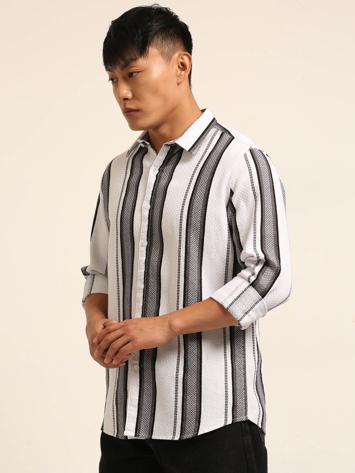 White Regular Fit Striped Shirt Stripes Shirt Bushirt