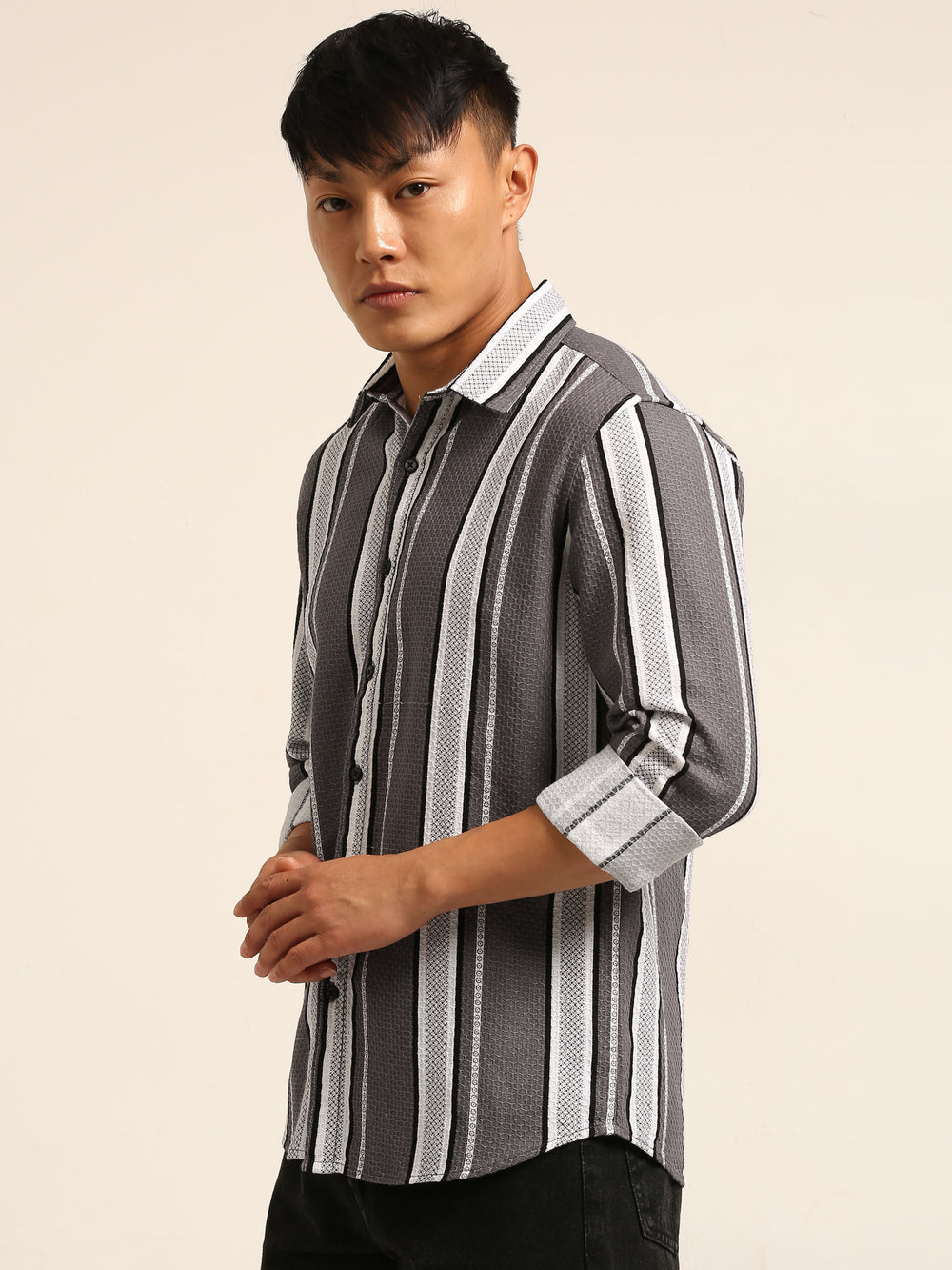 Smoke Grey Regular Fit Striped Shirt Stripes Shirt Bushirt