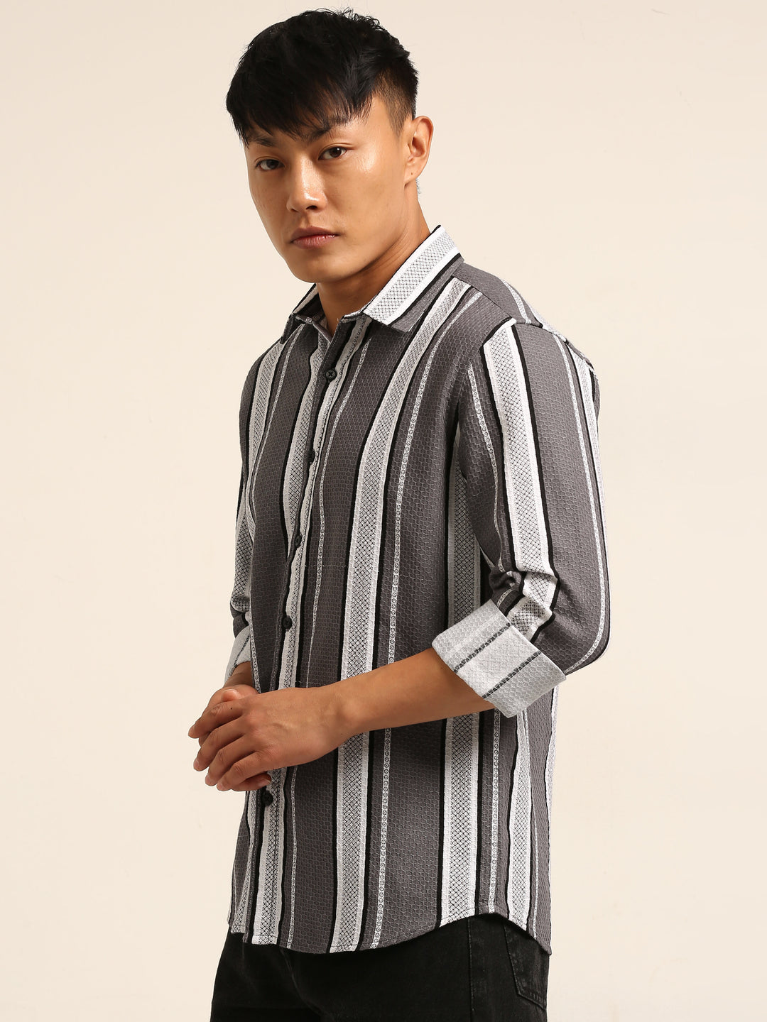 Smoke Grey Regular Fit Striped Shirt Stripes Shirt Bushirt