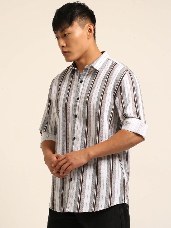 White Regular Fit Striped Shirt Stripes Shirt Bushirt