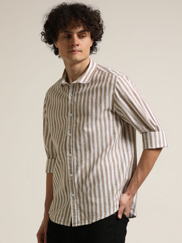 Brown Regular Fit Striped Shirt Stripes Shirt Bushirt