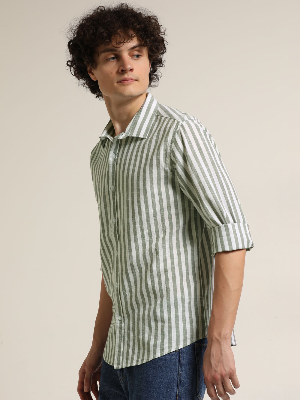 Light Green Regular Fit Striped Shirt Stripes Shirt Bushirt
