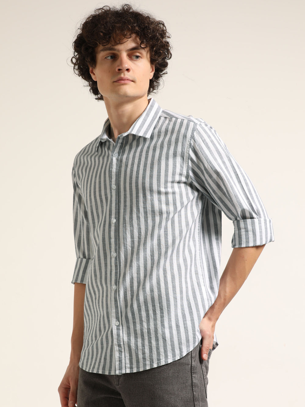Light Grey Regular Fit Striped Shirt Stripes Shirt Bushirt