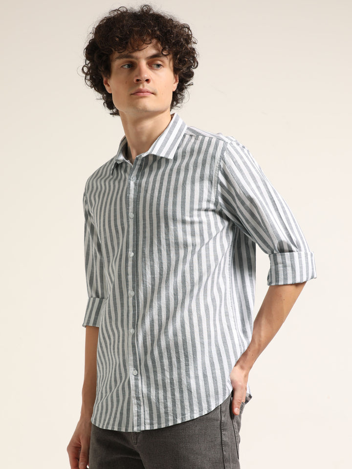 Light Grey Regular Fit Striped Shirt Stripes Shirt Bushirt