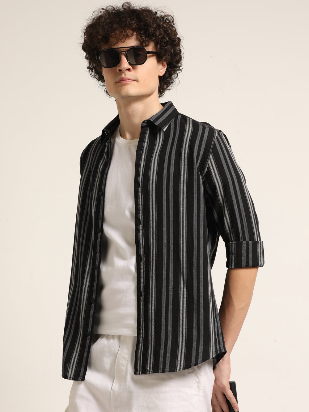Black Regular Fit Striped Shirt Stripes Shirt Bushirt