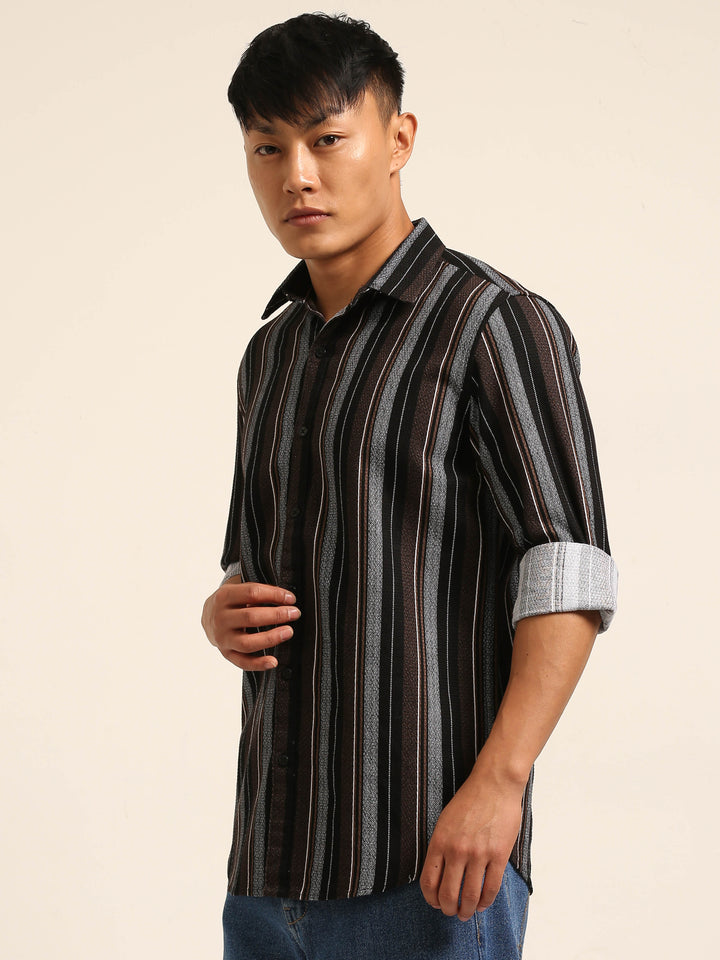Black Regular Fit Striped Shirt Stripes Shirt Bushirt