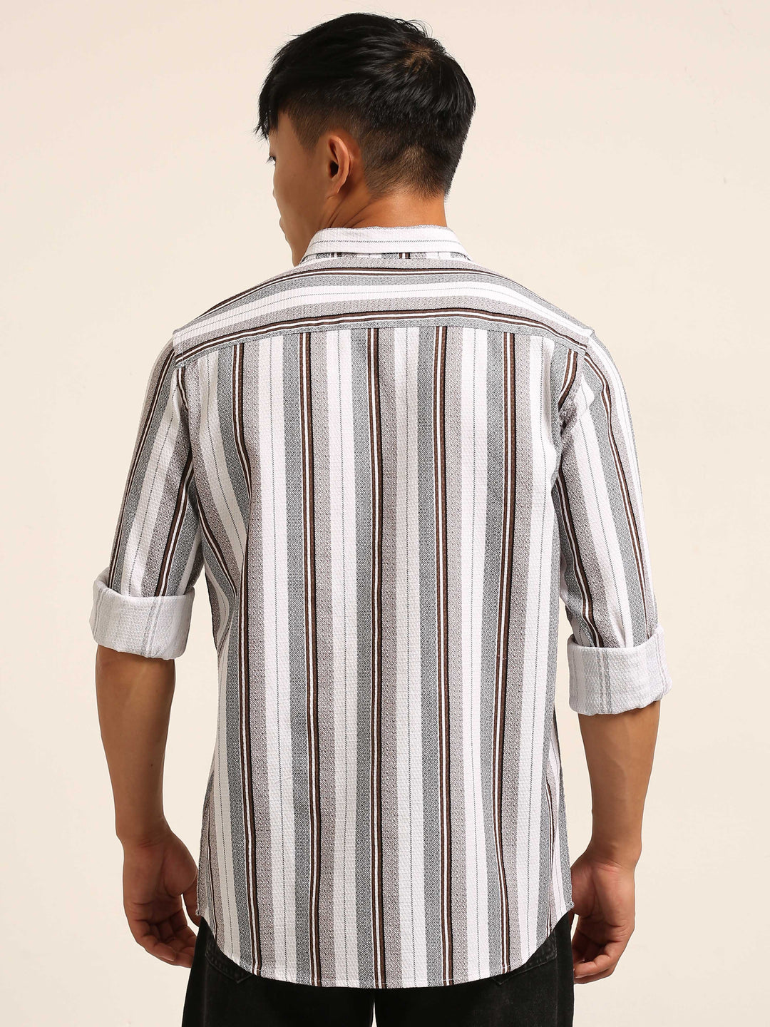 White Regular Fit Striped Shirt Stripes Shirt Bushirt