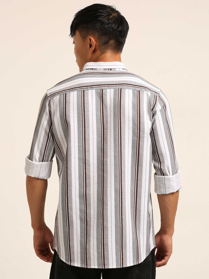White Regular Fit Striped Shirt Stripes Shirt Bushirt