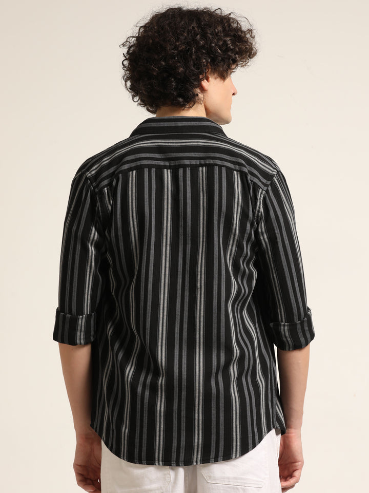 Black Regular Fit Striped Shirt Stripes Shirt Bushirt