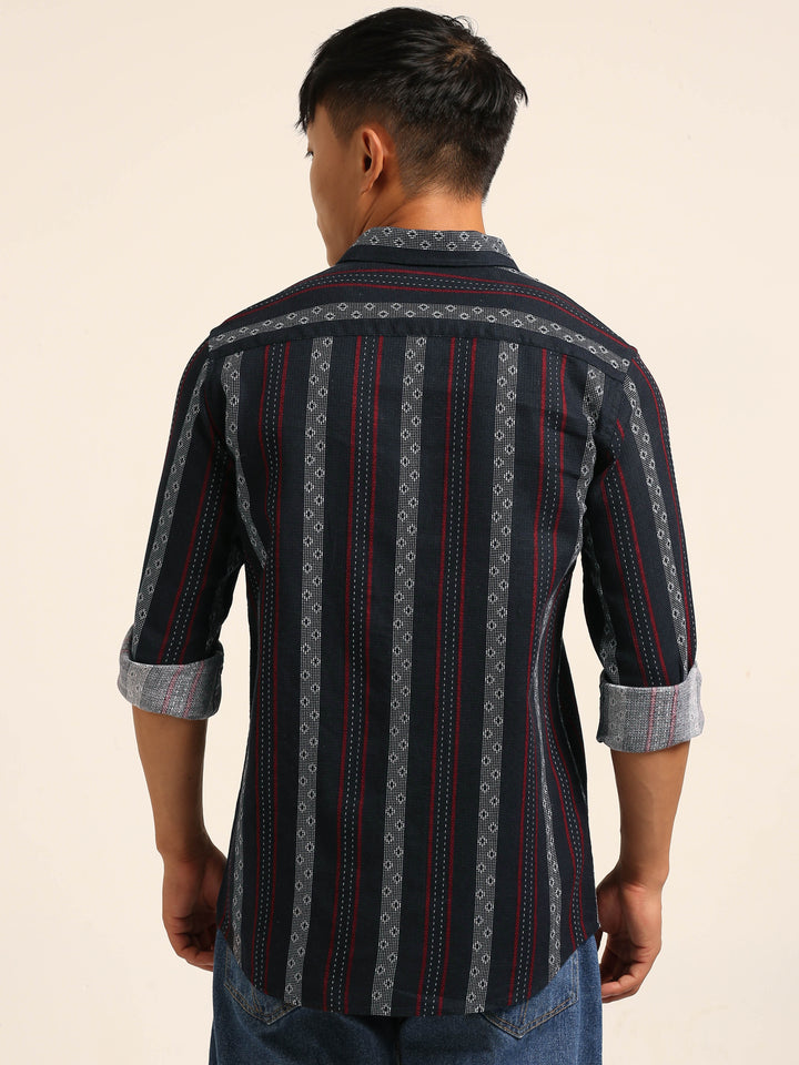 Dark Blue Regular Fit Striped Shirt Stripes Shirt Bushirt