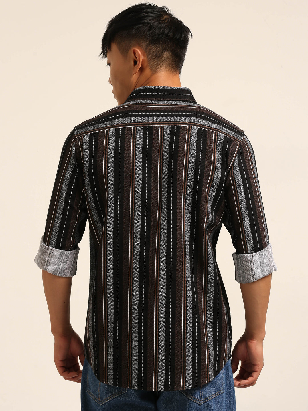 Black Regular Fit Striped Shirt Stripes Shirt Bushirt