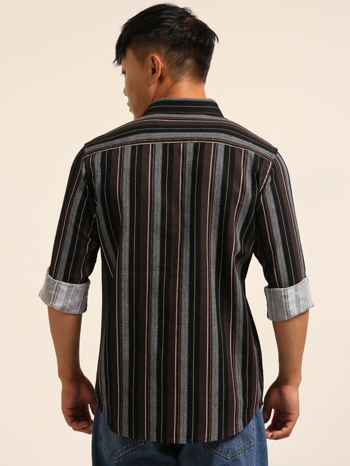 Black Regular Fit Striped Shirt Stripes Shirt Bushirt