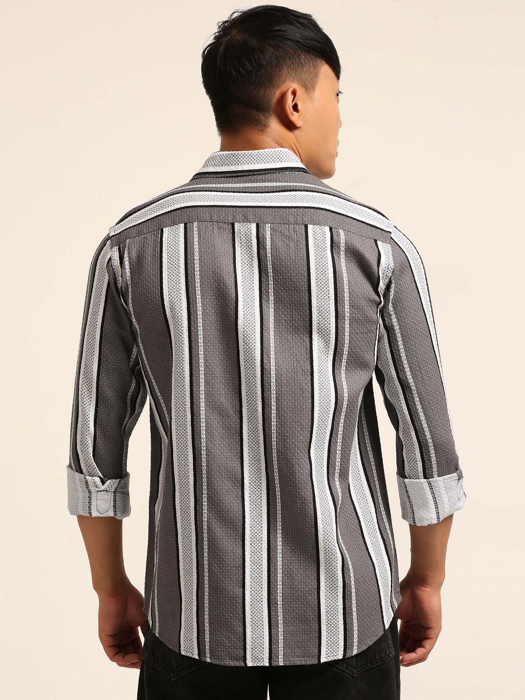 Smoke Grey Regular Fit Striped Shirt Stripes Shirt Bushirt