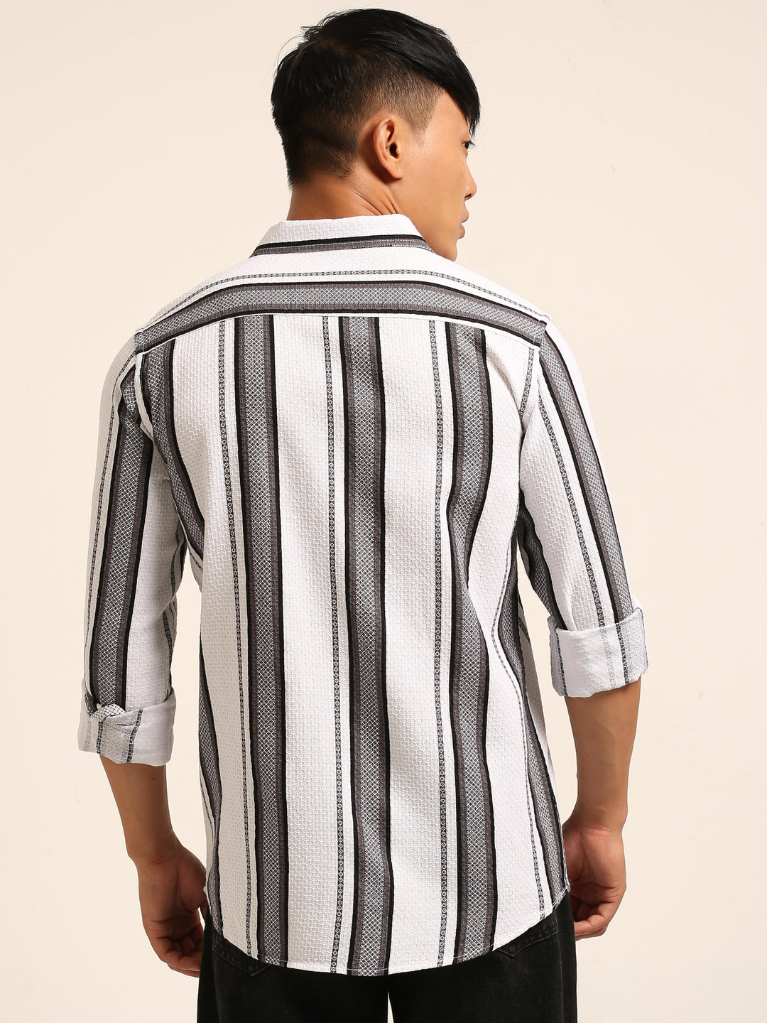 White Regular Fit Striped Shirt Stripes Shirt Bushirt