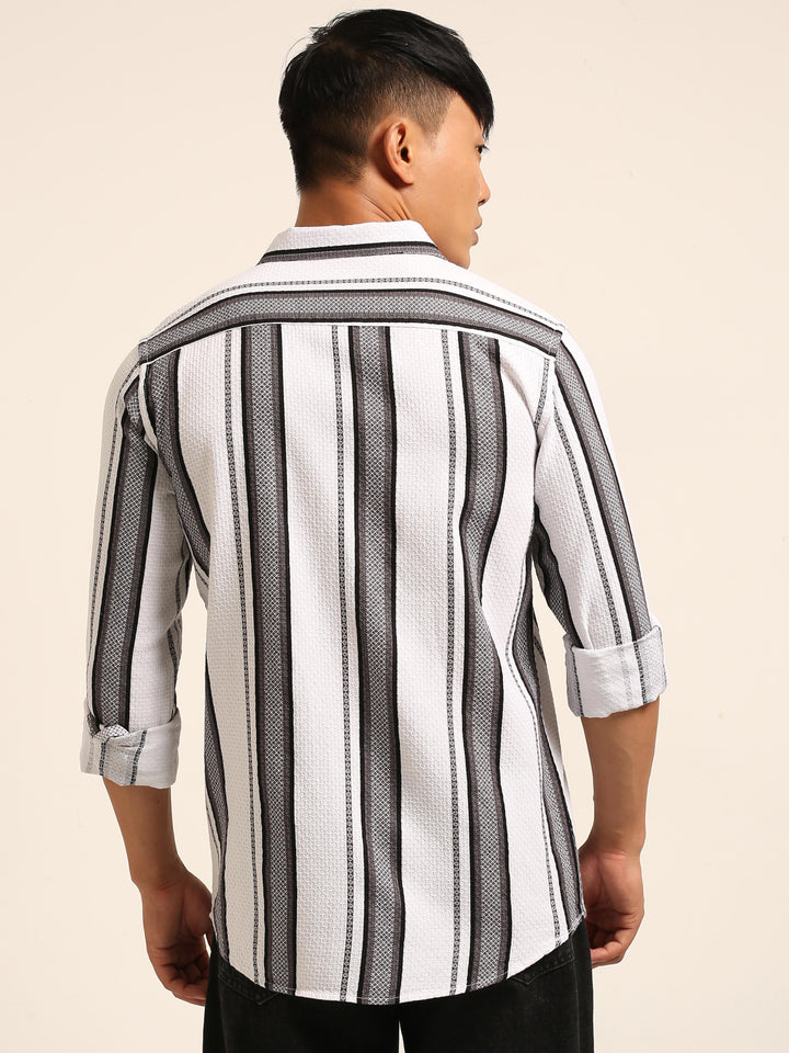 White Regular Fit Striped Shirt Stripes Shirt Bushirt
