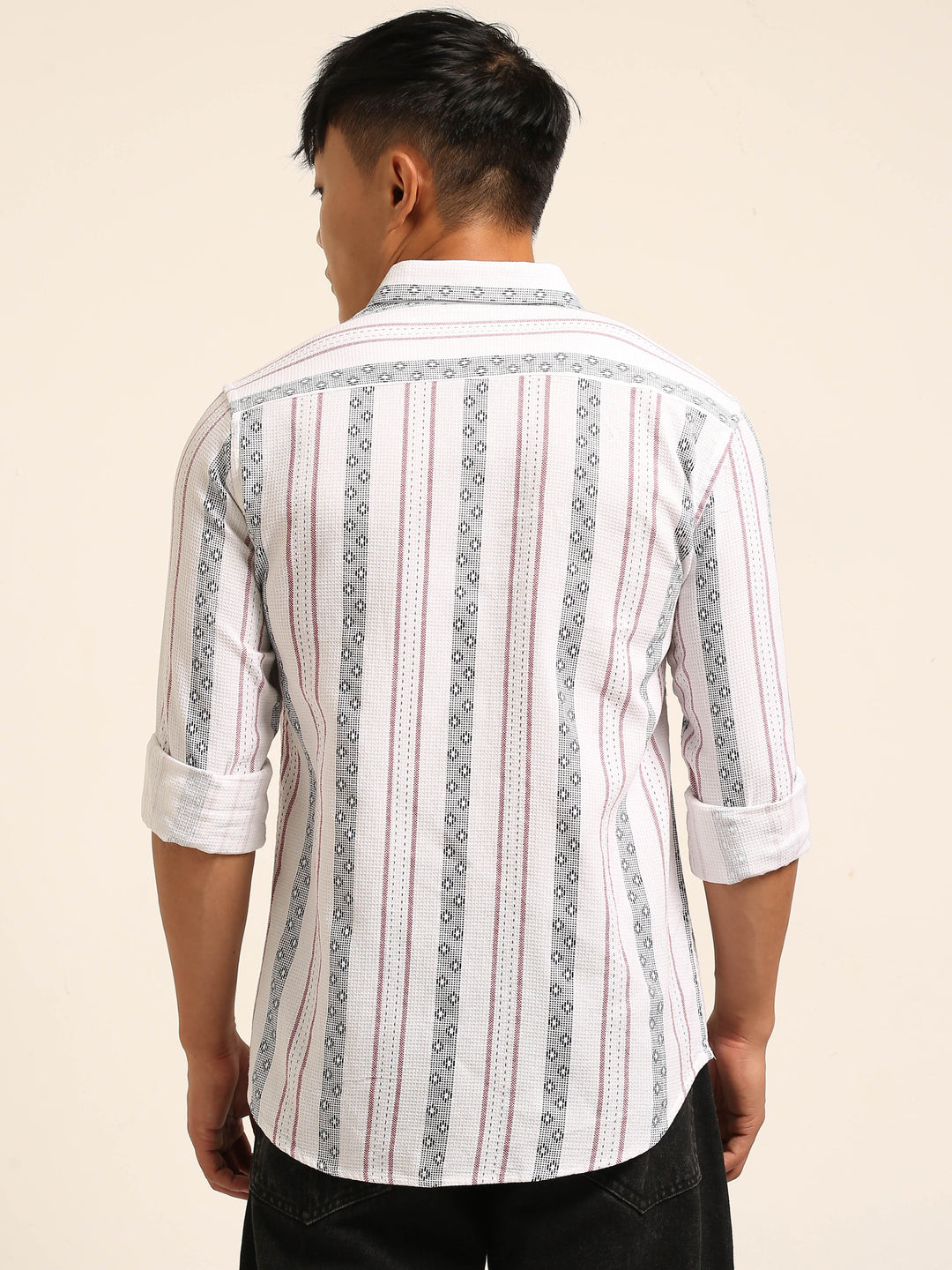 White Regular Fit Striped Shirt Stripes Shirt Bushirt