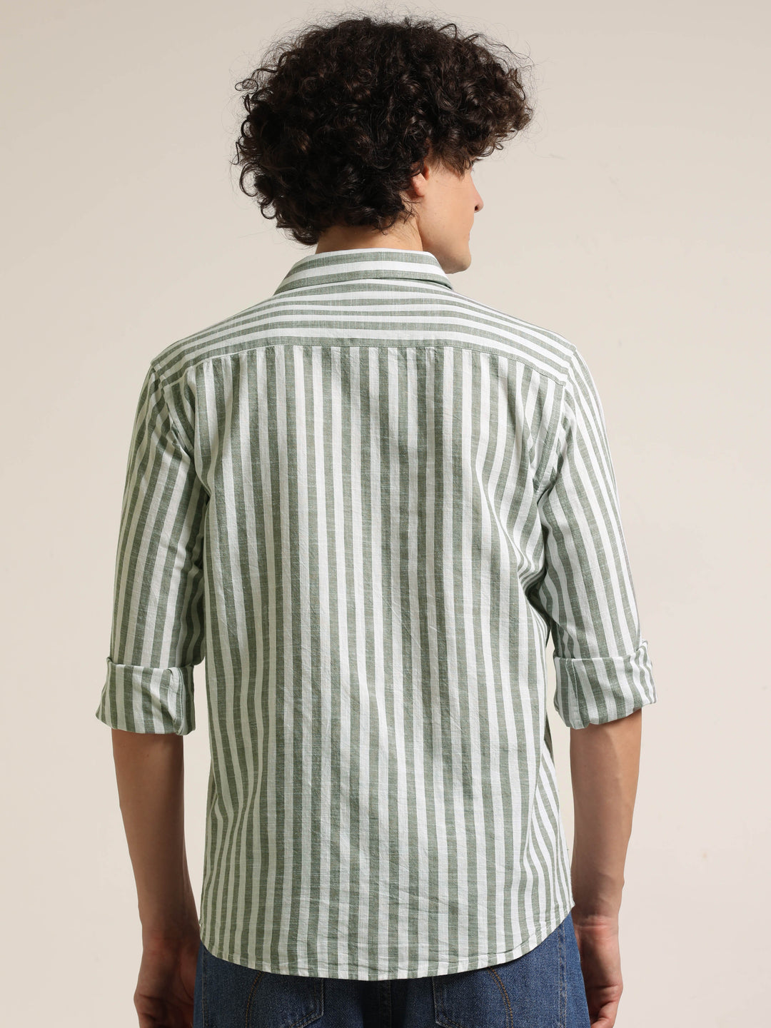 Light Green Regular Fit Striped Shirt Stripes Shirt Bushirt