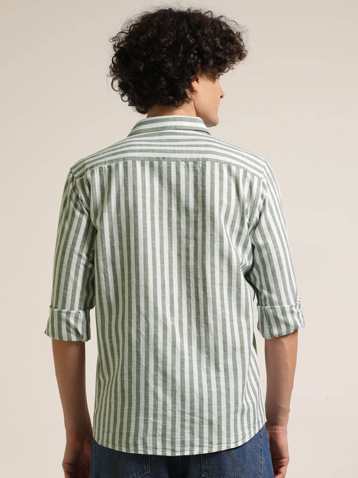 Light Green Regular Fit Striped Shirt Stripes Shirt Bushirt