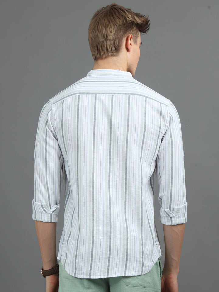 Green Chinese Collar Strips Shirt Stripes Shirt Bushirt   