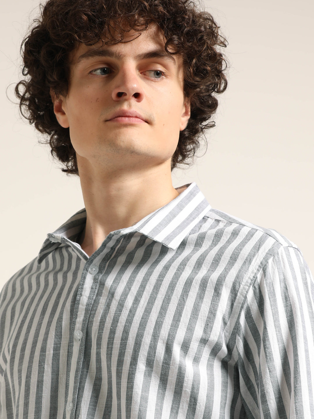 Light Grey Regular Fit Striped Shirt Stripes Shirt Bushirt