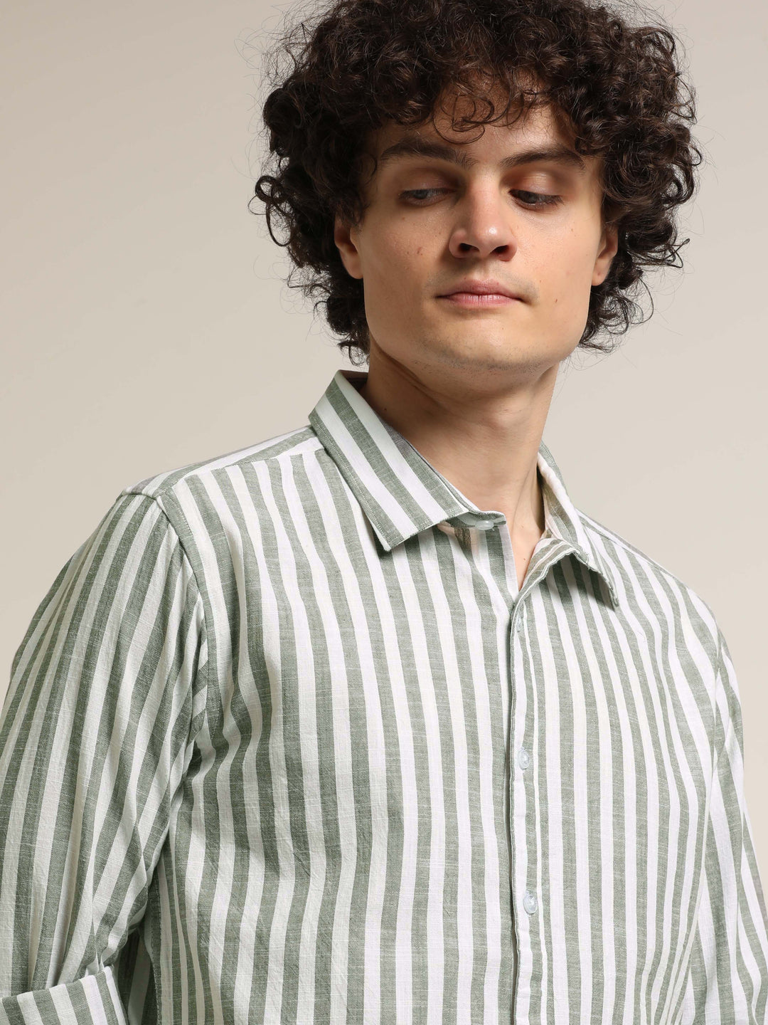 Light Green Regular Fit Striped Shirt Stripes Shirt Bushirt