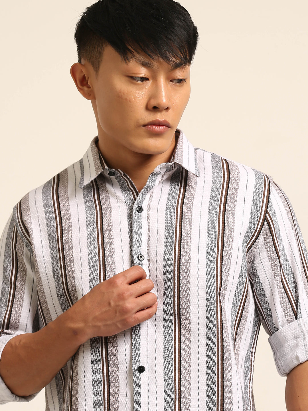 White Regular Fit Striped Shirt Stripes Shirt Bushirt