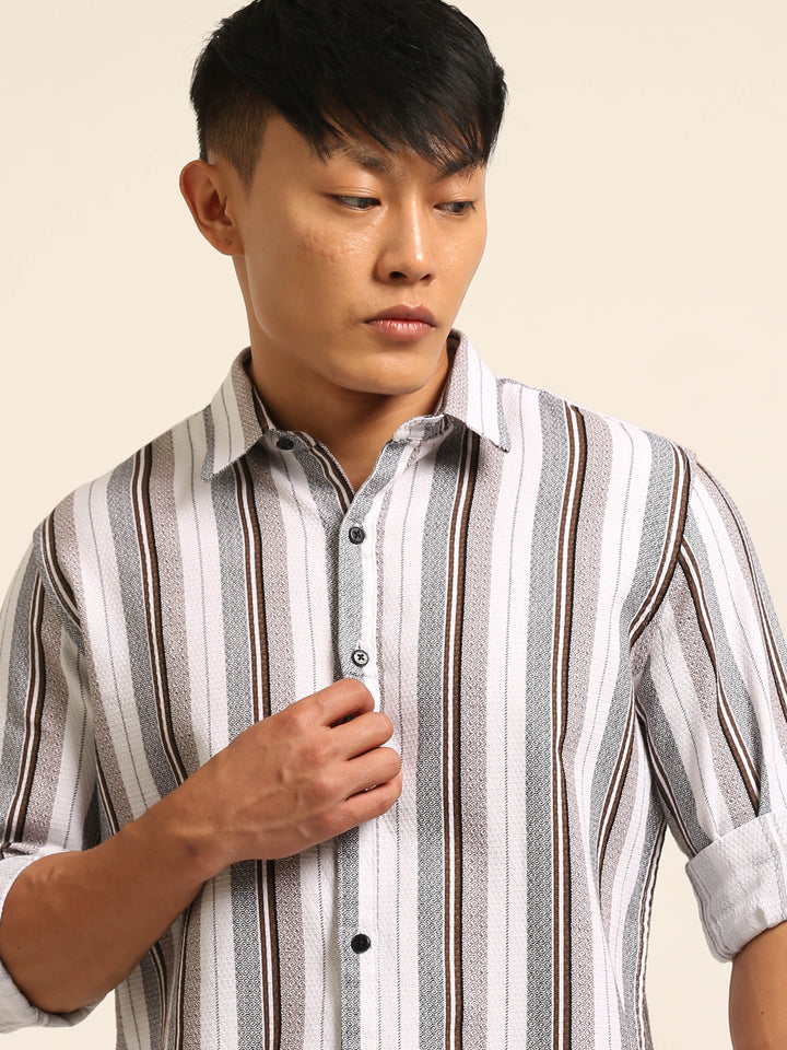 White Regular Fit Striped Shirt Stripes Shirt Bushirt