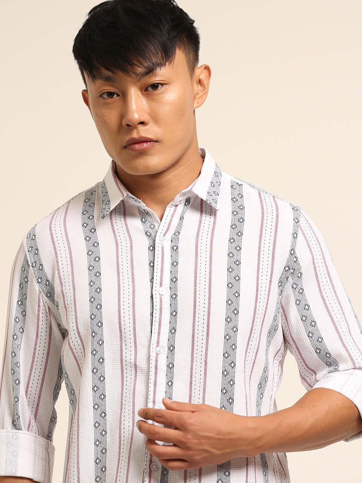 White Regular Fit Striped Shirt Stripes Shirt Bushirt