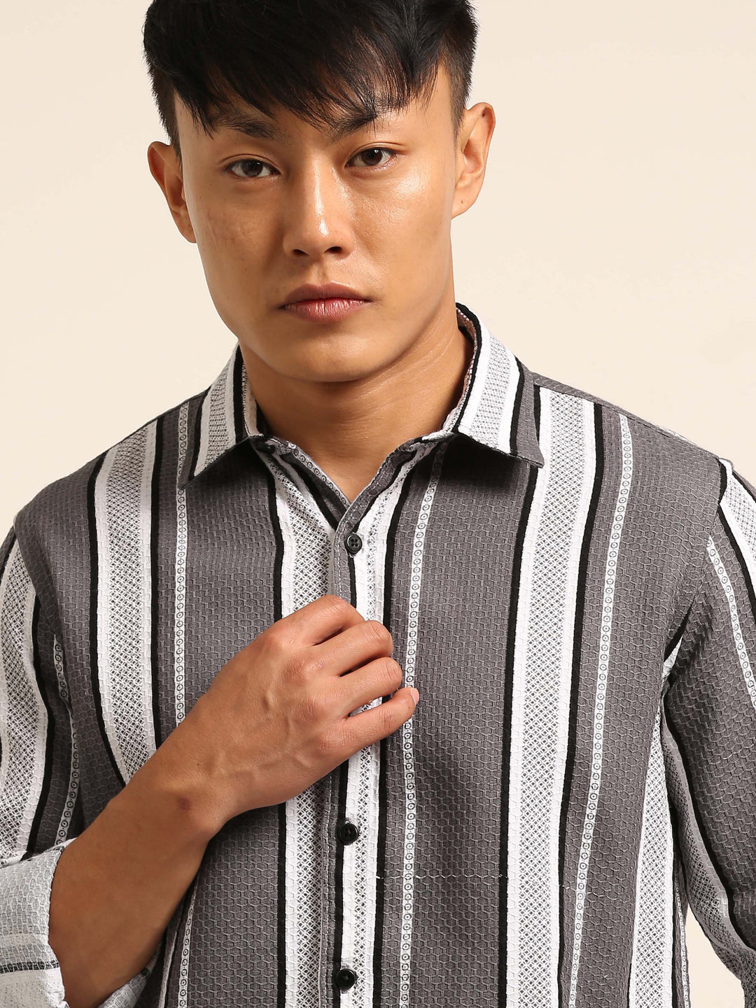 Smoke Grey Regular Fit Striped Shirt Stripes Shirt Bushirt