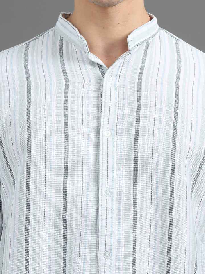Green Chinese Collar Strips Shirt Stripes Shirt Bushirt   
